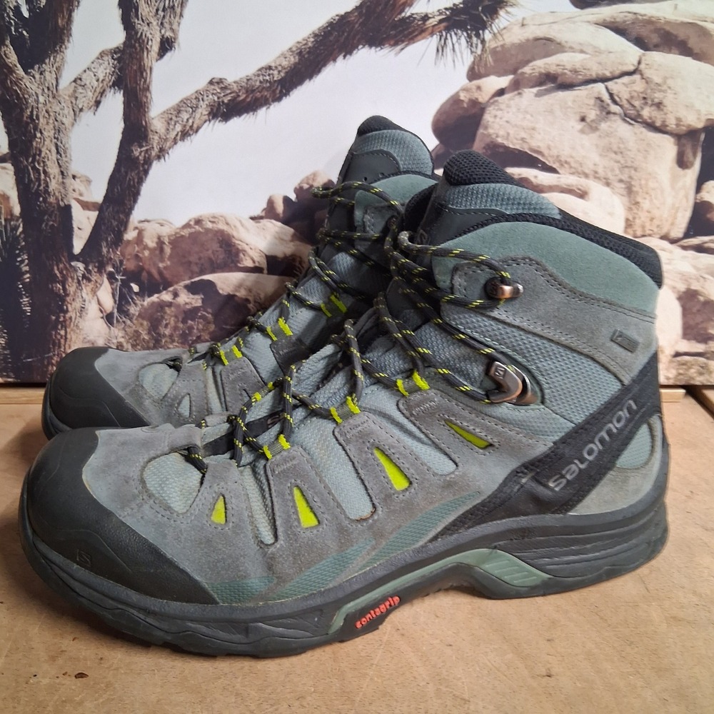Salomon Mens Gore-Tex Hiking Boots Grey Green Suede Waterproof Mid Top Sz 10.5